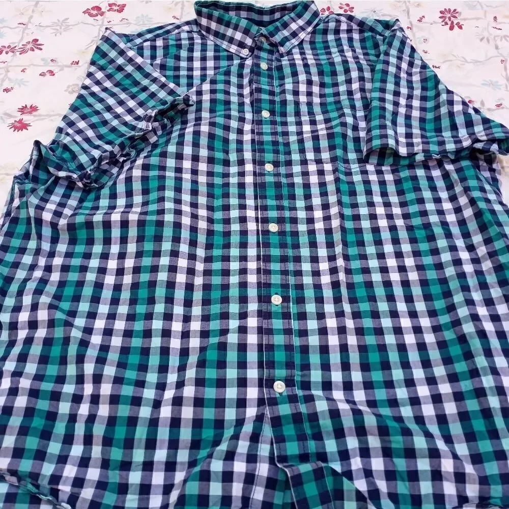 OLD NAVY The Classic Men's Shirt XXL Shrtslvs White Blue Plaid 100% CottonPocket
